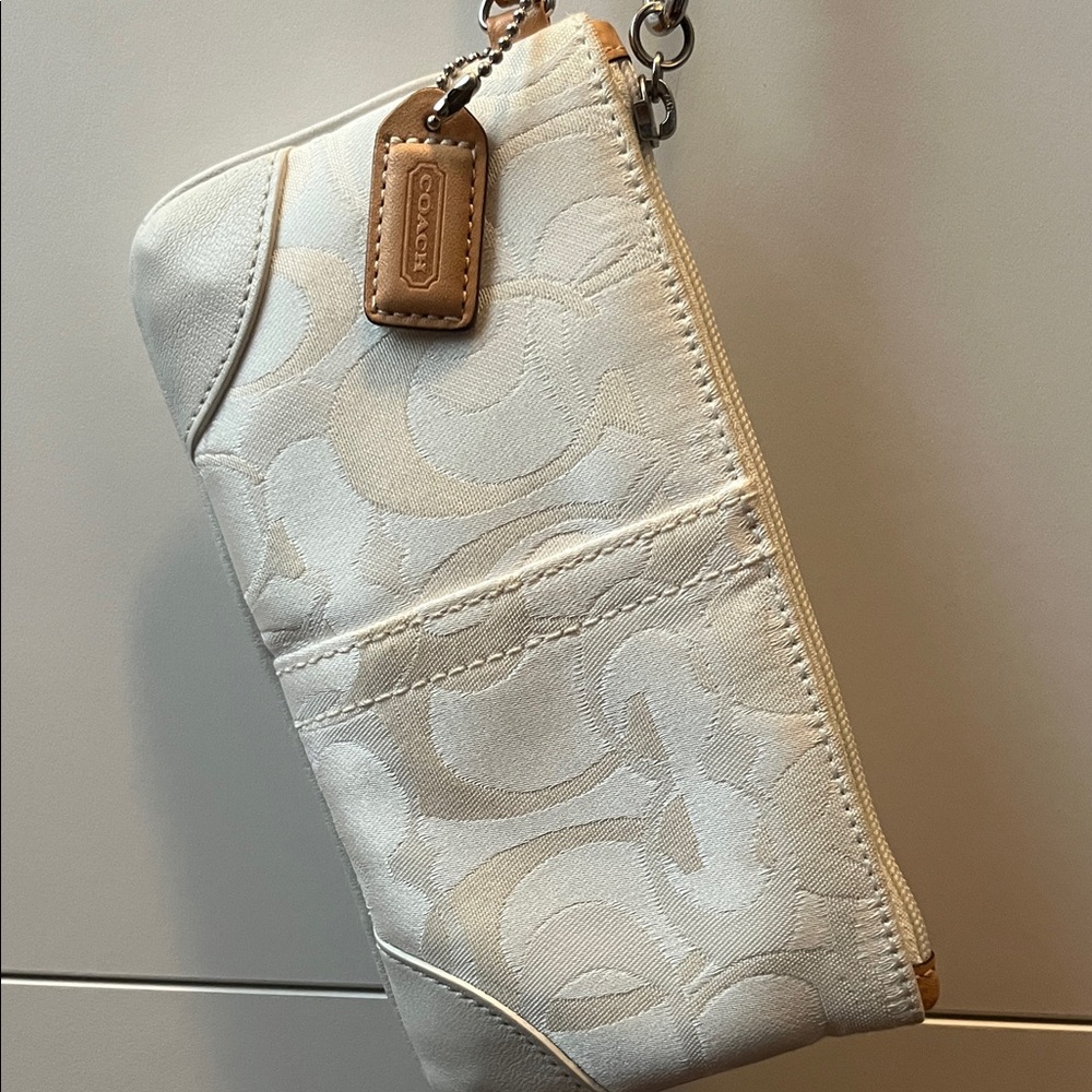 White Coach Signature Wristlet with Tan Strap - Picture 3 of 10